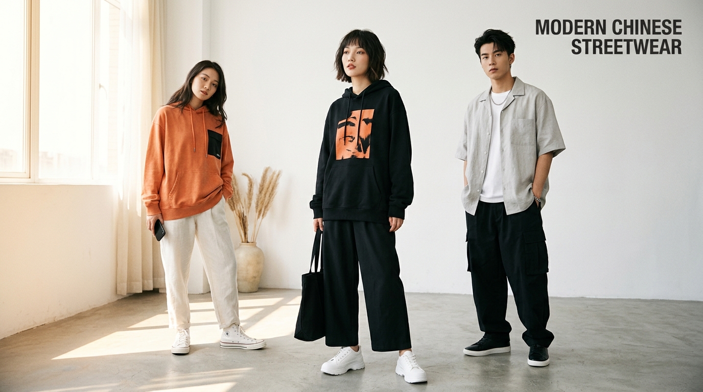 XIULIN Chinese Streetwear Lookbook models wearing modern loose-fit shirts and hoodies
